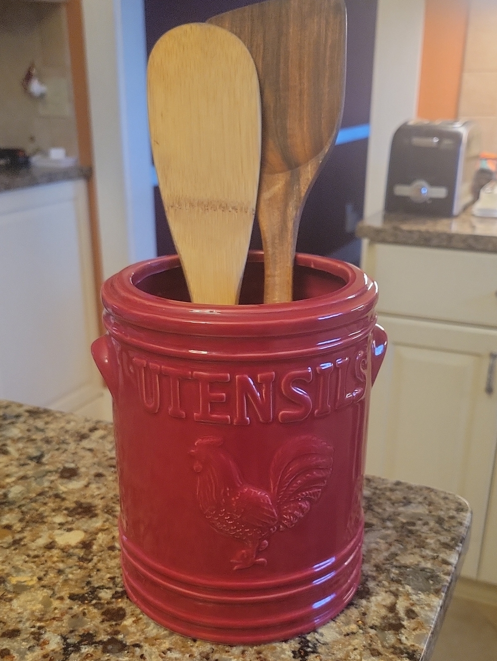 Pier 1 Red Ceramic Utensil Crock with Rooster Motif